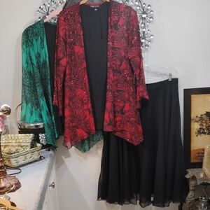 Red and Green Paisley Cardigans with Black Skirt